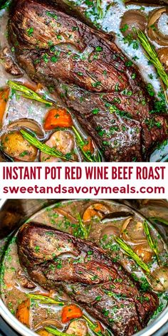 instant pot red wine beef roast with vegetables in a slow cooker, and then topped with parsley