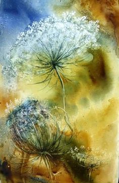 an abstract painting with watercolors and ink on paper, depicting two dandelions