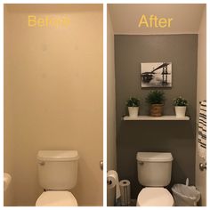 before and after pictures of a bathroom with toilet, sink, and towel rack on the wall