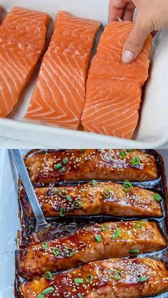 salmon fillets are being prepared in the oven and then placed on trays with tongs