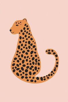 an orange and black cheetah sitting on top of a pink background with dots