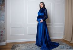 "Long Sleeve Royal Blue Romantic Elegant Velvet Maternity Formal Dress with train for wedding, bridal showers, baby showers, welcome baby, and bridesmaids. Perfect for your special occasions, for a photo shoot, parties and cocktails. ● Material of the dress is Stretch Velvet and Sequins. ● This dress can be made in different colors, length, and as per your measurements. Custom orders with own measurements are welcomed ( no extra charge ) or you can find your size in my size chart below. The mode Elegant Blue Maternity Gown, Floor-length Blue Maternity Gown, Blue Floor-length Maternity Gown, Blue Floor-length Maternity Dress, Fitted Maternity Dress With Sweep Train For Wedding, Blue Fitted Maternity Dress For Wedding, Fitted Maternity Wedding Dress With Sweep Train, Elegant Blue Floor-length Maternity Dress, Fall Maternity Dress