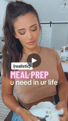 a woman in a brown shirt is holding a white cat and text reads realistic meal prep u need in ur life