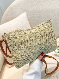 BirdinBag - Vacation-style Straw Woven Hollow Out Shoulder Bag Details Pictures, Word Wrap, Vacation Style, White Space, Design Product, Green Bag, Crochet Crafts, Holiday Fashion, Bag Straps