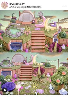 an animated scene with steps leading up to a small waterfall and flowers growing on the ground