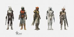 the star wars characters are all dressed in different outfits and armors, with one person standing