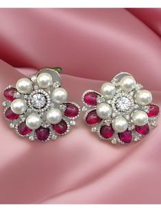 "Exclusive design earrings made with CZ stones and real pearls. Available in Ruby and Emerald colors. Perfect for party wear.  Dimension: 1.3\" long x 1.5\" wide" Earrings Party Wear, Cocktail Wear, Emerald Color, Earrings Pearl, Design Earrings, Real Pearls, Cz Stone, Wedding Earrings, Jewelry Earrings Studs