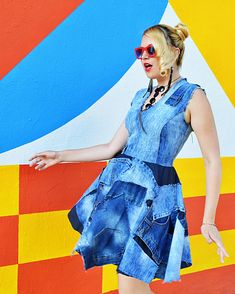 "Patchwork denim dress, fitted, with skater circle lap. Jeans cropped vest with zipper closure in back very easy to dress and undress. Perfect for summer, this will be your favorite beach dress and it is so versatile that it can be worn for parties too and also be part of your daily wear and all your street styles! Feel empowered, unique and outstanding with our brand new denim designs! This dress is made to order, on your measurements, but due to the patchwork design can be made only up to XL T Sleeveless Summer Denim Dress With Back Zipper, Spring Cotton Rockabilly Dresses, Fitted Denim Dress With Back Zipper, Summer Denim Blue Dress With Back Zipper, Trendy Summer Denim Dress With Back Zipper, Fitted Denim Dress With Back Zipper For Spring, Sleeveless Denim Dress With Back Zipper, Summer Cotton Denim Dress With Back Zipper, Retro Sleeveless Denim Dress For Spring