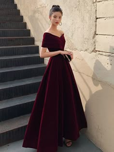 A-Line Burgundy off Shoulder Tea Length Prom Dress, Burgundy Formal Dress Ballroom Extravaganza, Burgundy Formal Dress, Tea Length Prom Dress, Prom Dress Burgundy, Formal Prom Dresses Long, Velvet Party Dress, V Neck Prom Dresses, Dpr Ian, Evening Party Gowns