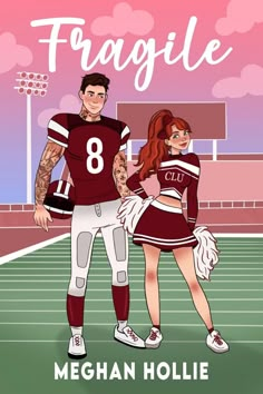 a man and woman standing on top of a football field with the words fragile 8