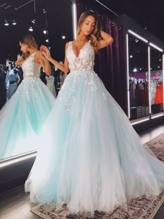 Silhouette:?A Line Waist: Natural Sleeve Length: Sleeveless Fabric:?Lace Flower, Tulle Shown Color:?Teal Built-In Bra: Yes Lavender Prom Dresses, V Neck Prom Dresses, Prom Dress Ideas, Blue Ball, Cute Prom Dresses, Pretty Prom Dresses, Prom Outfits, Ball Gowns Prom, Grad Dresses