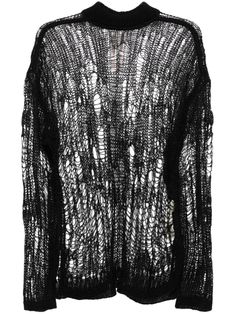 black knitted construction open knit distressed effect semi-sheer construction round neck long sleeves straight hem Oversized Black Open Knit Sweater, Edgy Black Distressed Sweater, Black Open Knit Sweater For Layering, Black Open Knit Crew Neck Sweater, Black Distressed Crew Neck Sweater, Black Pointelle Knit Sweater For Layering, Oversized Black Distressed Sweater, Distressed Crochet Sweater, Icelandic Knitting