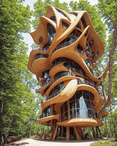 an unusual building in the woods with wooden spirals on it's sides and windows