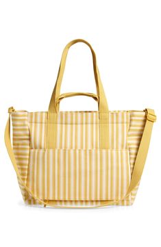 This durable recycled-cotton tote rendered in bold stripes features versatile carry options and is packed with pockets inside and out. The interior features a water-resistant coating for easy cleanups when reaching for essentials gets messy. Top zip closure Top carry handles; removable, adjustable crossbody strap Exterior slip pocket; pass-through trolley sleeve Interior zip and wall pockets; attached key ring Structured silhouette with flat base for stability Lined Recycled cotton Imported Asia Striped Double Handle Shoulder Bag For Travel, Striped Rectangular Shoulder Bag For Travel, White Travel Bag With Striped Lining, Travel Tote Shoulder Bag With Striped Lining, Striped Canvas Shoulder Bag For Daily Use, Everyday Bags With Striped Lining And Double Handle, Striped Travel Tote Shoulder Bag, Striped Beach Bag For Everyday Summer Use, Striped Travel Bags For Summer