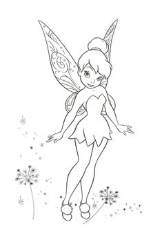 the tinkerbell fairy is flying through the sky with dandelions in her hand