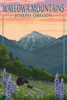 a bear is standing in the grass near flowers and mountains with a pink sky behind it