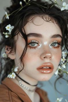 Natural Fairy Makeup Look, Funky Wedding Makeup, Fae Aesthetic Makeup, Waitress Makeup, Nature Makeup Looks, Natural Fairy Makeup, Boho Makeup Looks, Ethereal Wedding Makeup, Midsummer Makeup