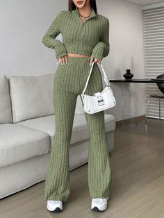 Knitting Pants, Color Knitting, High Waisted Flare Pants, High Waist Trousers, 2 Piece Skirt Set, Winter Pants, Long Midi Dress, High Waisted Flares, Ribbed Crop Top