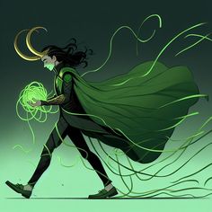 a woman with long hair and green cape walking