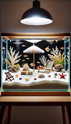 an aquarium filled with sand, shells and starfish in front of a ceiling light