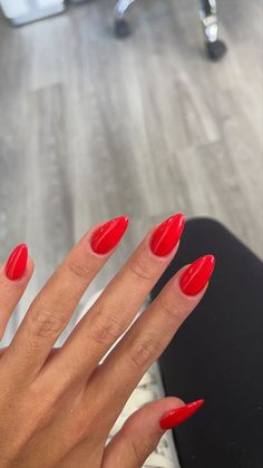 Red Almond Nails Summer, Wide Almond Nails, Red Nail Summer, Bright Red Summer Nails, Bright Red Almond Nails, Fire Red Nails, Red Almond Acrylic Nails, Winter Vacation Nails, Light Red Nails