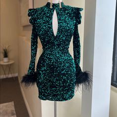 Emerald Green Dress Bodycon Mini Dress Feather Dress Size Small New Unworn Feather Trim On Sleeves Free Shipping Loves Just Please Make Sure Your Address Is Correct Before Purchasing #Glam #Holidaydress Fitted Feather Dress For Party, Glamorous Green Dinner Dresses, Holiday Cocktail Dress With Feathers, Feathered Cocktail Dress For Holidays, Feathered Holiday Cocktail Dress, Glamorous Feather Trim Dress For Date Night, Glamorous Dresses With Feather Trim For Date Night, Glamorous Date Night Dress With Feather Trim, Long Sleeve Feather Mini Dress For Party