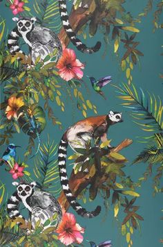 an image of a wallpaper with lemurs and tropical plants on blue background