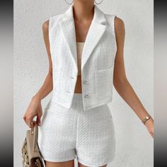 Super Cute And Stylish Ships In 5-10 Business Days White Single Breasted Sets For Spring, White Single Breasted Set For Spring, White Single-breasted Sets For Spring, Chic Summer Sets With Button Closure, Chic White Sets With Buttons, Chic Button-up Sets, Elegant Summer Button-up Set, Elegant Button-up Summer Sets, Chic Button-up Set With Details