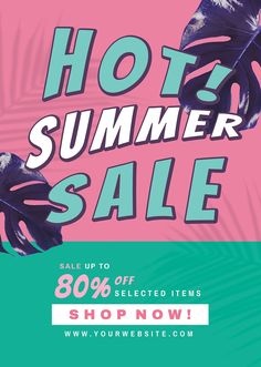 an advertisement for the summer sale with tropical leaves on pink, green and blue background