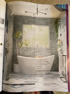 an open magazine with a bathtub and plants in it