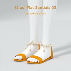 the legs and feet of a woman wearing white sandals with orange trimmings are shown