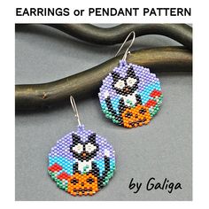 two beaded earrings with cartoon characters on them, one is blue and the other is orange