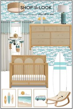 the baby's room is decorated in blue and white with surfboards on the wall