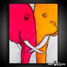 two elephants with their trunks touching each other's foreheads, painted in bright colors