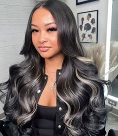 Streaks In Black Hair, Black Hair With Platinum Highlights, Jet Black Hair With Highlights, Black Hair Blonde Highlights, Black Blonde Hair, Edc Hair, Black Hair With Blonde Highlights, Ash Blonde Hair Balayage, Black Hair Balayage