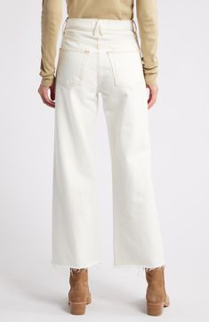 Goldtone hardware and contrast stitching elevate kicky wide-leg jeans that have frayed raw hems for added style points. 27" inseam; 22" leg opening; 12" front rise; 16" back rise (size 29) Zip fly with button closure 100% cotton Machine wash, tumble dry Made in the USA of imported fabric Crop Wide Leg Jeans, Cropped Wide Leg Jeans, Contrast Stitch, Wide Leg Jeans, Leg Jeans, High Waist, Wide Leg, Stitching, Nordstrom