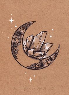 a drawing of a crescent moon with crystals on it's side and stars in the background