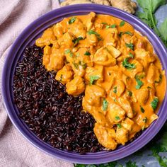 a purple plate topped with rice and chicken