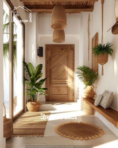 a hallway with potted plants and wooden doors