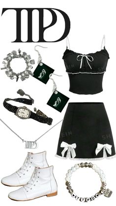 a woman in black and white outfit with accessories