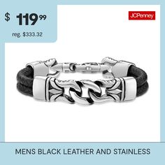 Uniquely engraved stainless steel clasps on black leather make for a dramatic and stylish bracelet.Metal: Stainless steelMaterial: Black leatherClosure: Lobster claspDimensions: 9" lengthJewelry photos are enlarged to show detail. Black Engraved Leather Bracelet For Everyday, Everyday Black Engraved Leather Bracelet, Everyday Black Leather Bracelet Engraved, Luxury Black Leather Jewelry, Classic Black Engraved Leather Bracelet, Classic Black Leather Bracelet Engraved, Elegant Black Leather Bracelet With Stainless Steel Clasp, Formal Black Leather Bracelet With Stainless Steel Clasp, Black Stainless Steel Jewelry With Leather Strap