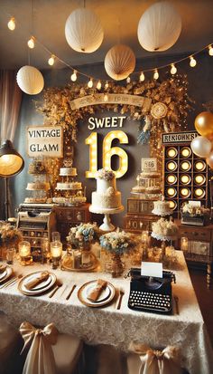 a table topped with lots of cakes and desserts