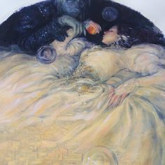 a painting of a woman laying on top of a bed next to a man in a gorilla suit