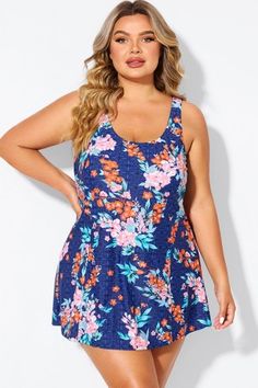 Blue Ocean Square Neckline Women Stylish Swimdress - Meet.Curve - Meet.Curve Spring Floral Print Swim Dress For Beach, Floral Print Swim Dress For Spring Beach Outing, Floral Print Swim Dress For Spring, Summer Scoop Neck Dresses For Vacation, Scoop Neck Summer Dress For Vacation, Summer Scoop Neck Vacation Dresses, Summer Dresses With Scoop Neck For Vacation, Summer Beach Dress With Scoop Neck, Blue Scoop Neck Dresses For Spring