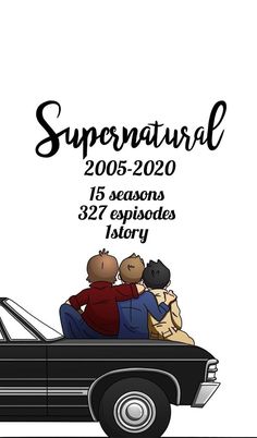 an old car with three people riding in it and the words supernatural on top of it