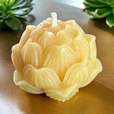 a piece of artichoke sitting on top of a wooden table