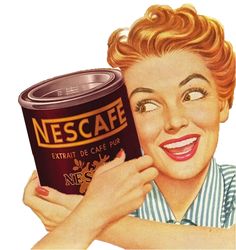 a woman holding up a can of coffee