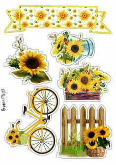 sunflowers and flowers stickers on a white background with a wooden fence in the foreground