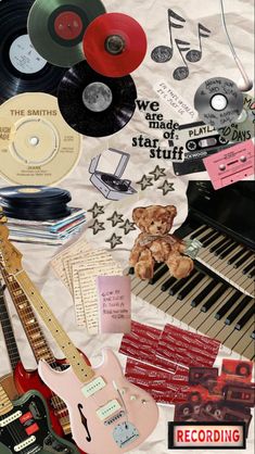 an assortment of musical instruments and records on a sheet with the words we are made of star stuff