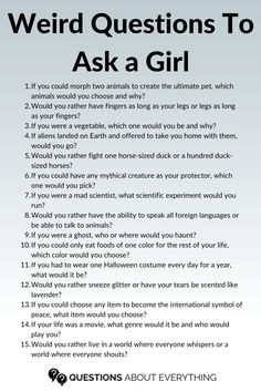 weird questions to ask a girl Quirky Questions To Ask, Talking Topics, Interesting Questions To Ask, Questions For Girls, Partner Activities, Funny Questions To Ask